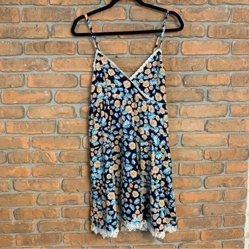 Entro Dress‎ Womens Medium Blue Floral Lace Trim Slip Daisy Mini A-Line V-Neck